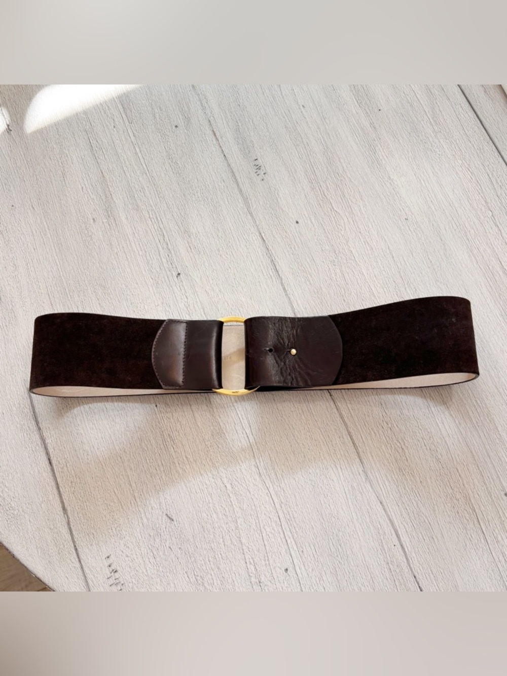 ELLEN TRACY Women’s Brown Italian Leather Wide 3” Belt Gold Tone Buckle Size L